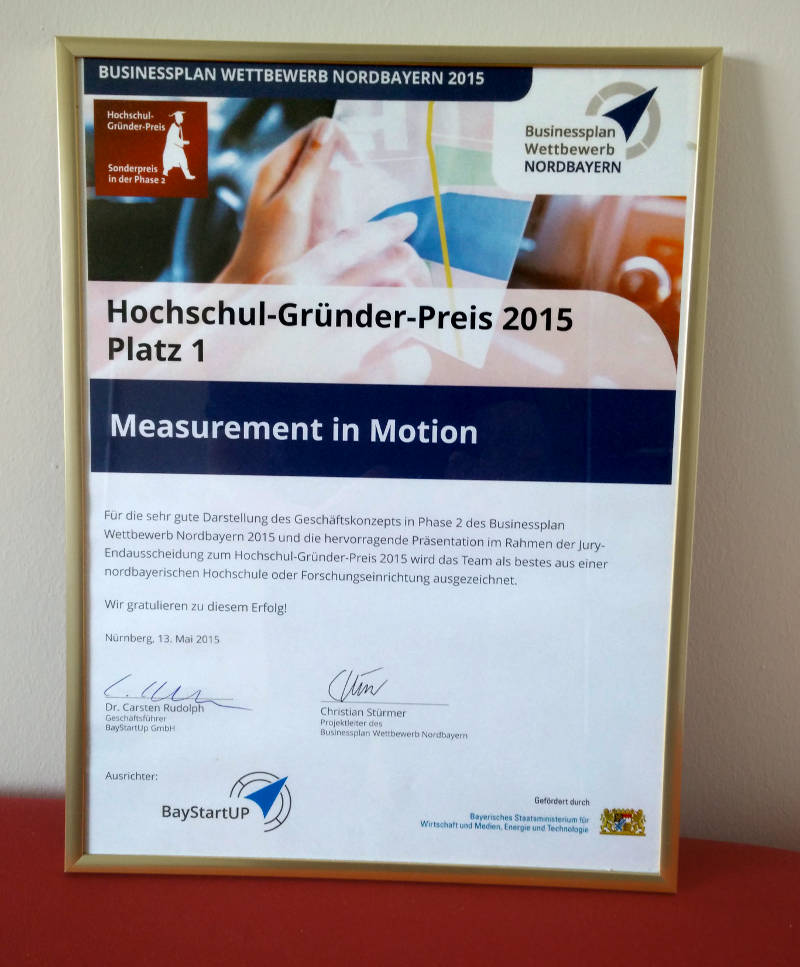 Urkunde zum ersten Platz beim Hochschulgründerpreis 2015